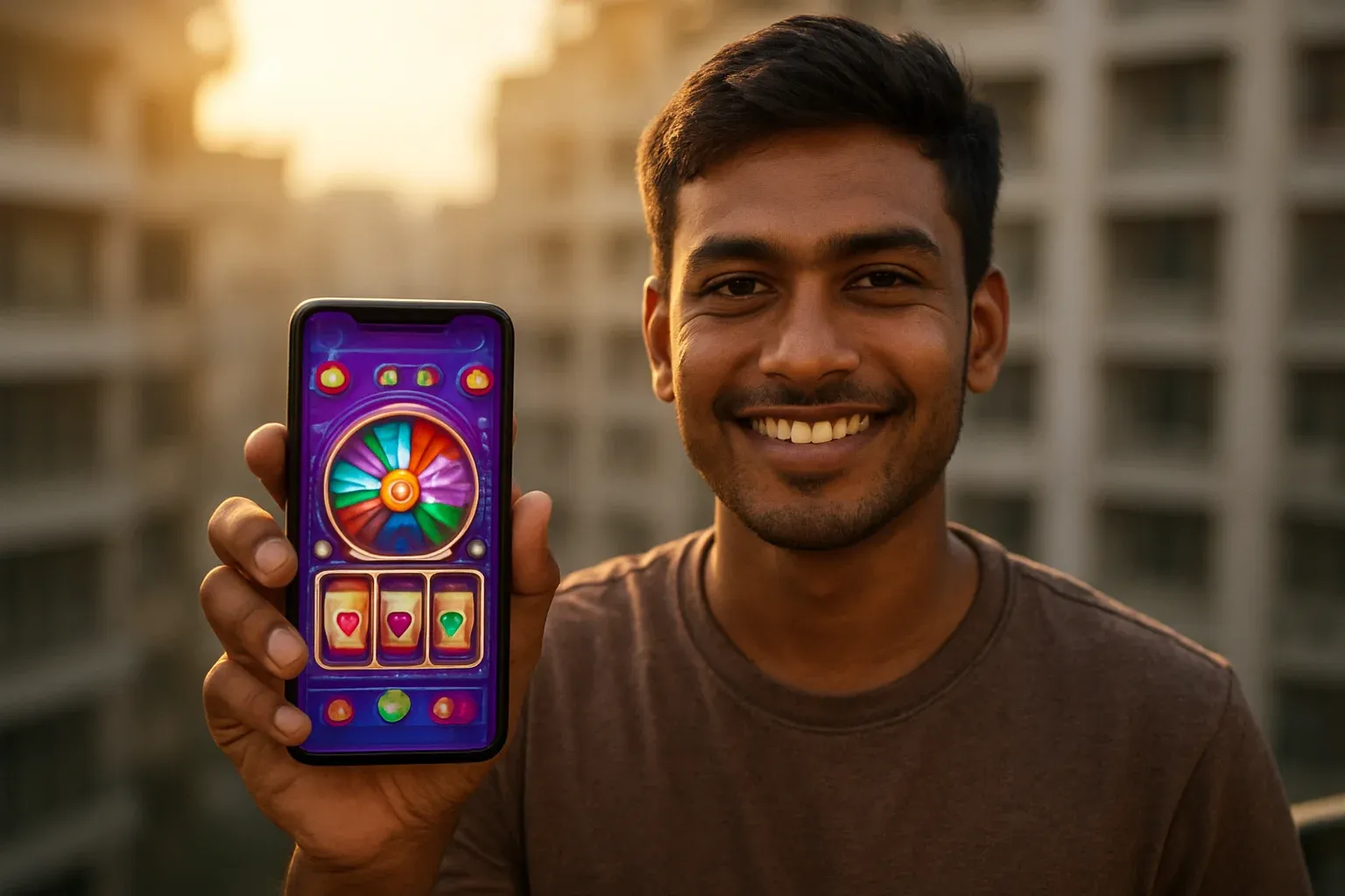 Young Bangladeshi man holding smartphone showing colorful casino app interface