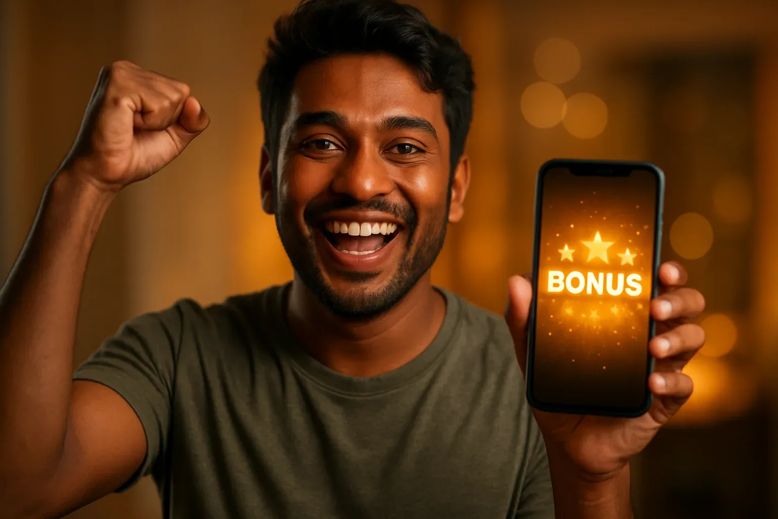 Joyful Bangladeshi man holding smartphone with glowing bonus notification
