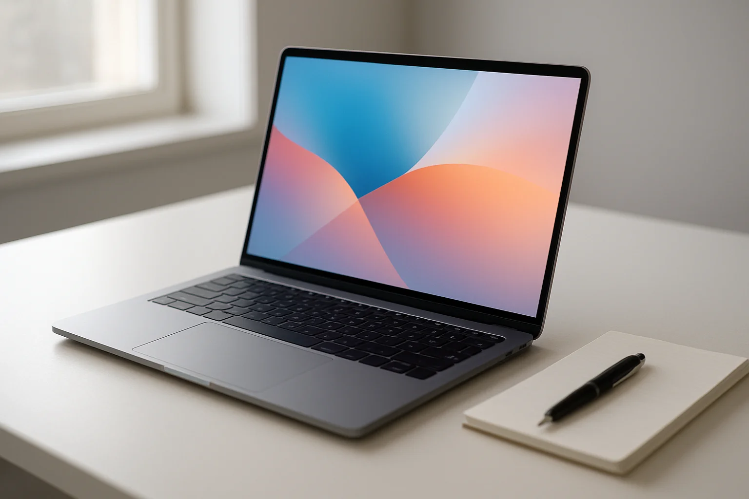 Modern laptop on white desk with abstract glowing screen