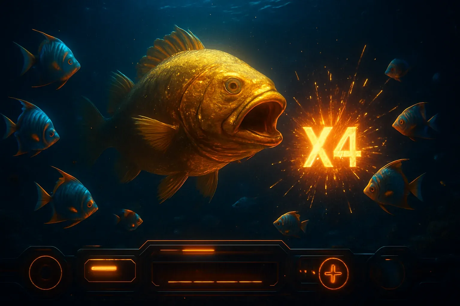 Glowing tropical fish and golden boss fish in underwater arcade scene