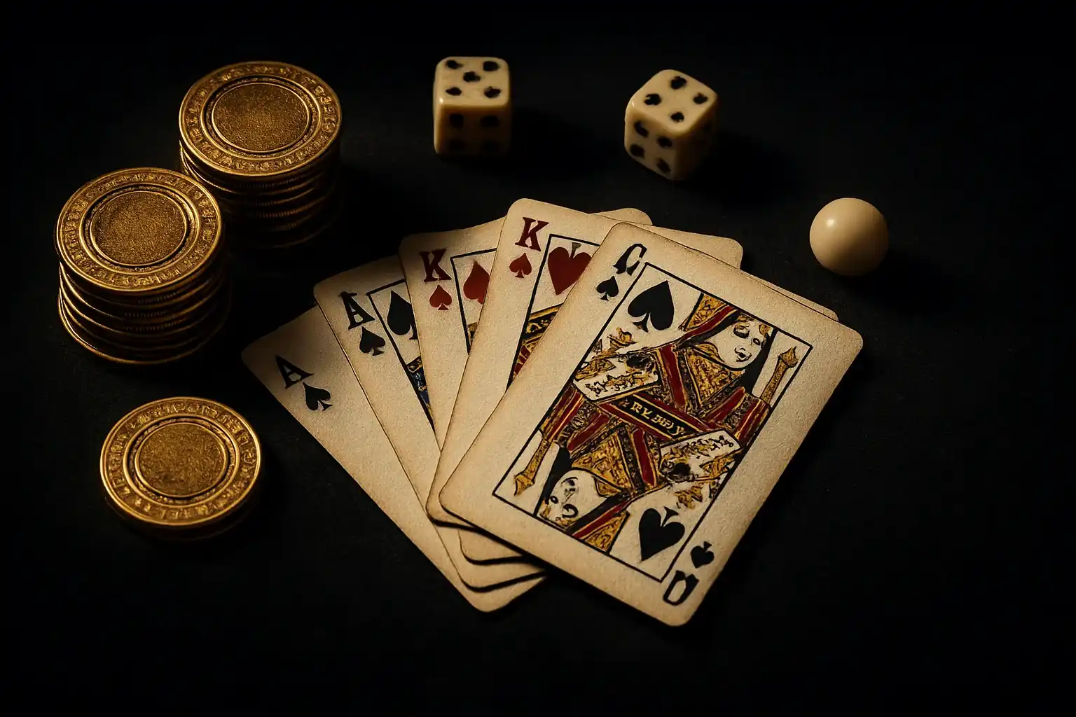 Top-down casino scene with chips, cards, dice, and roulette ball