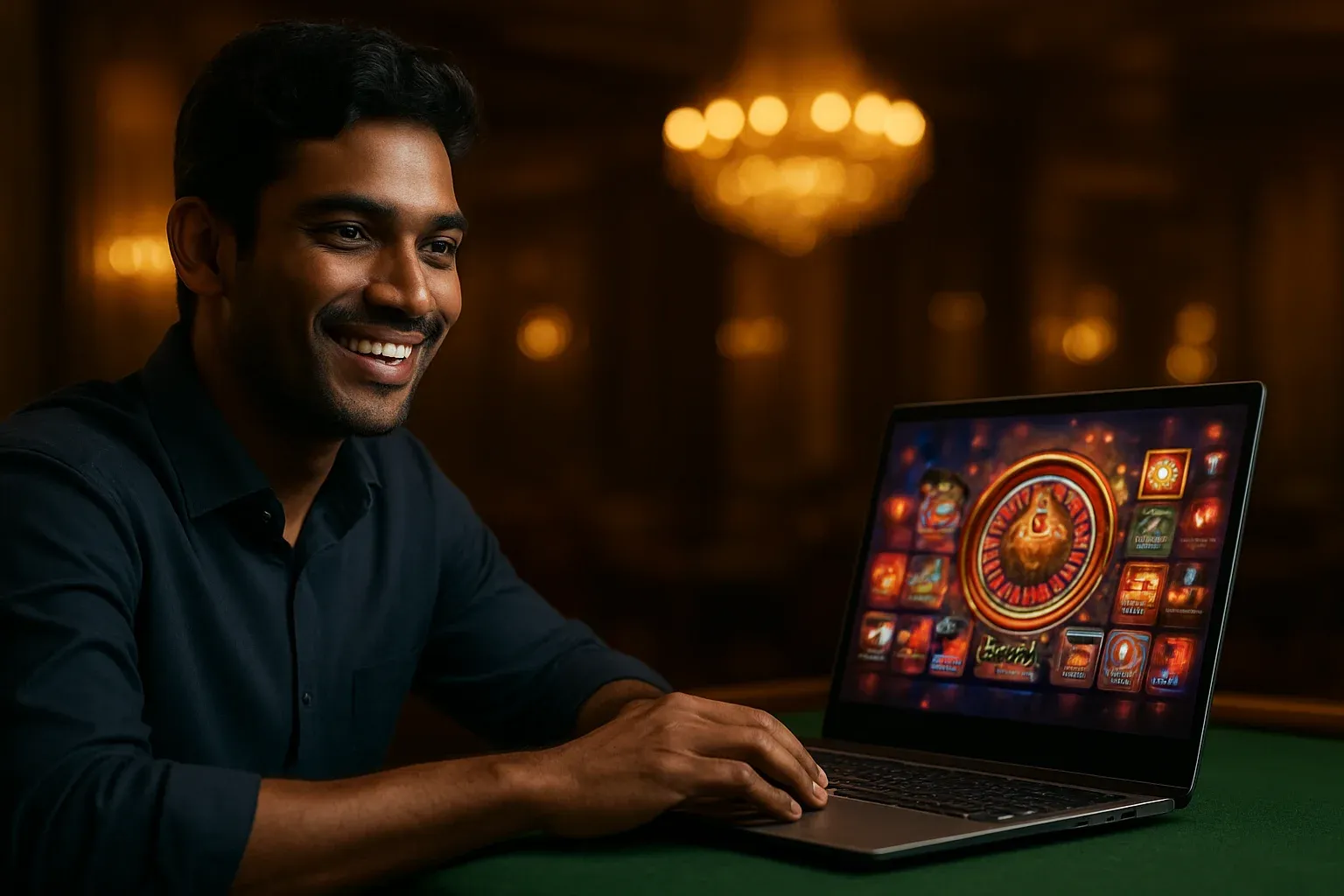 Cheerful Bangladeshi man with open laptop showing colorful casino interface