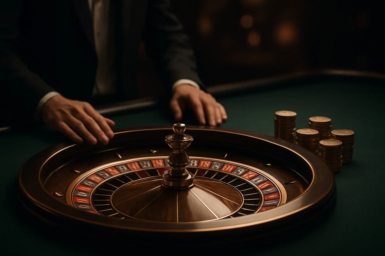 Elegant live casino roulette table with dealer hands and golden chips