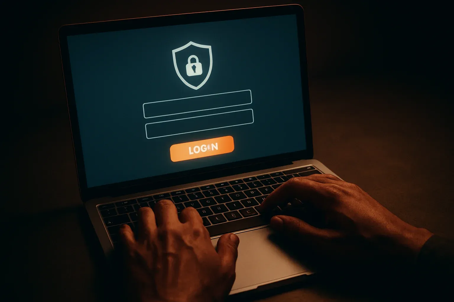 Bangladeshi man's hands on laptop showing stylized login form