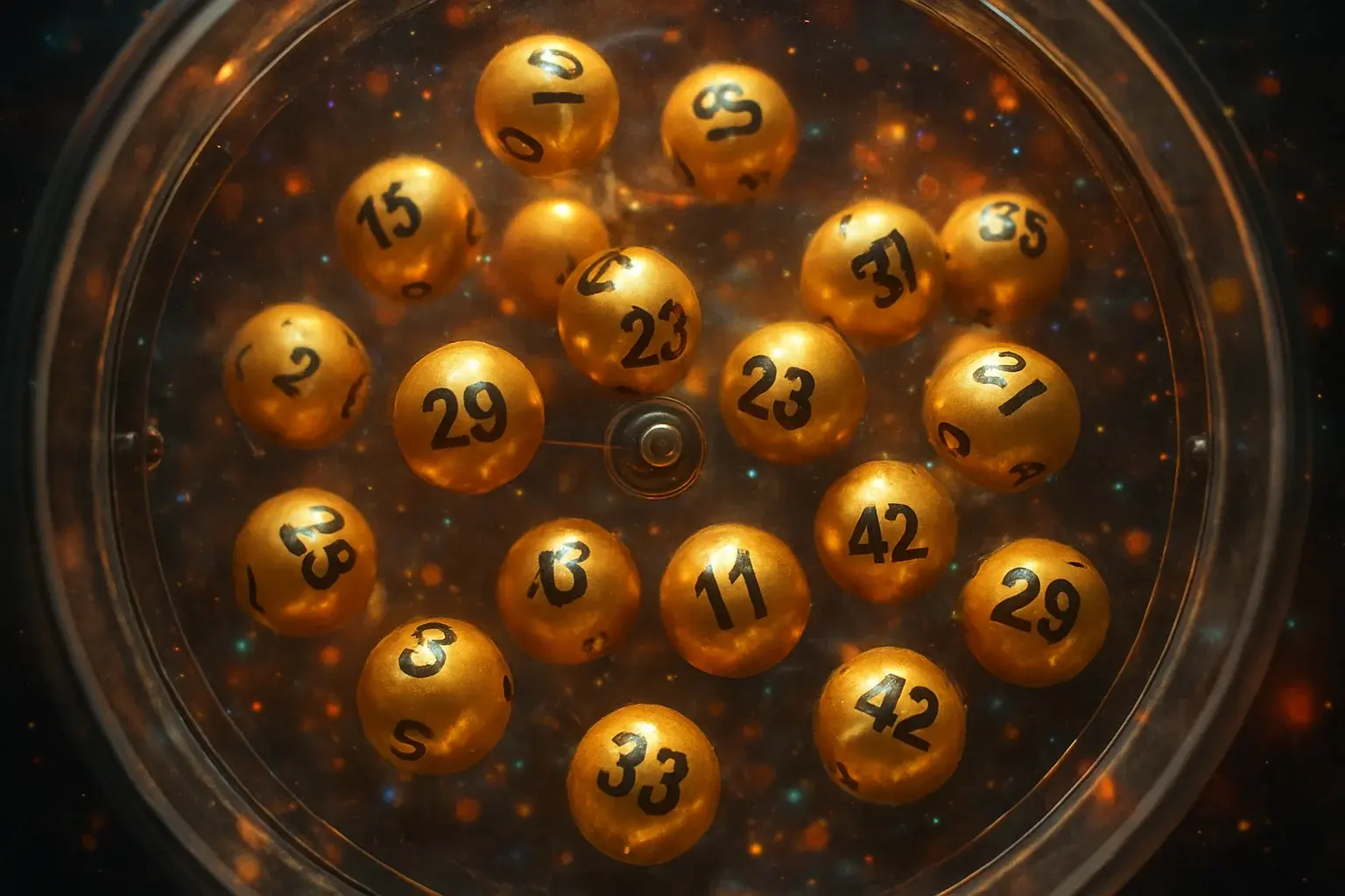 Glowing golden lottery balls tumbling inside transparent draw machine