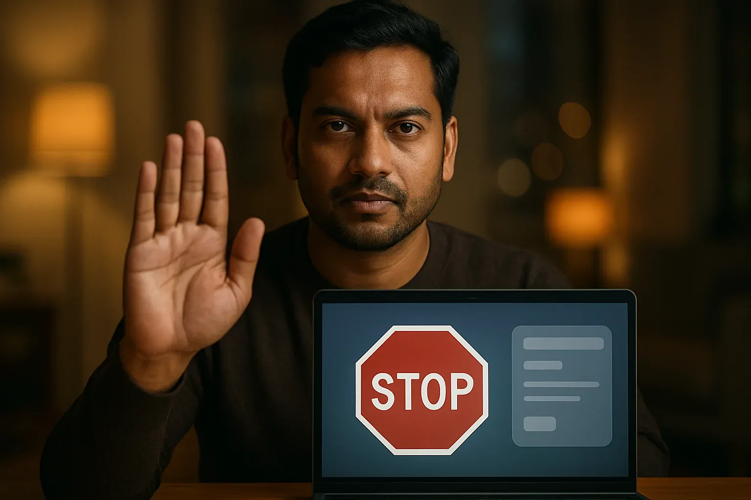 Bangladeshi man shows stop gesture beside laptop with responsible gambling screen