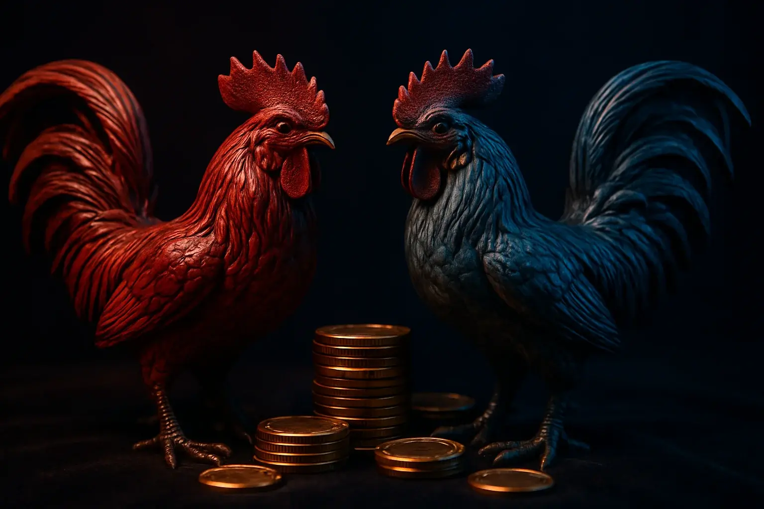 Decorative rooster statuettes with casino chips on dark velvet surface