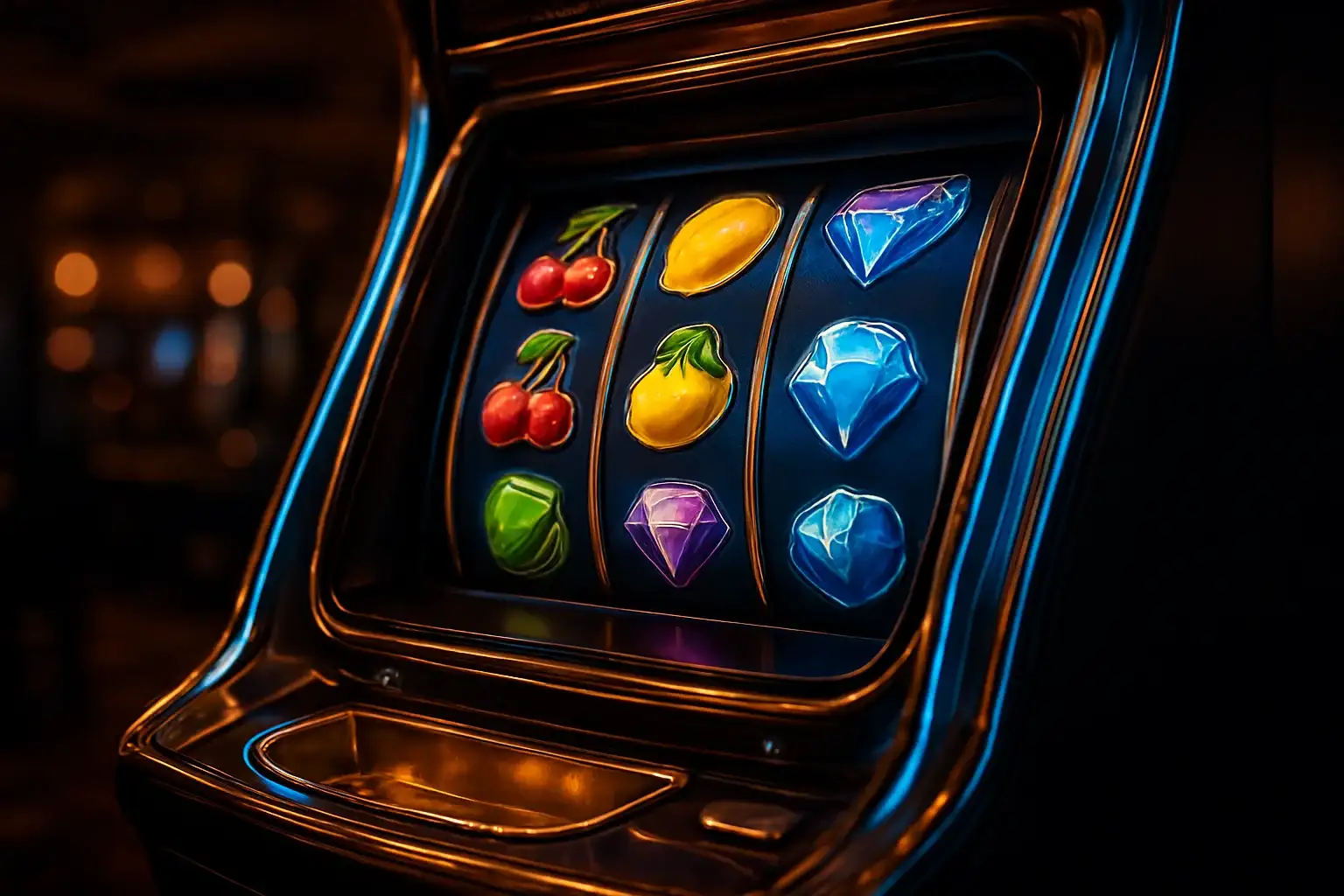 Hyperrealistic premium slot machine with glowing reels in a dark luxury casino